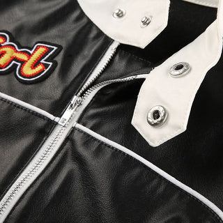 Long sleeve zip-up button PU leather high neck top