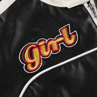 Long sleeve zip-up button PU leather high neck top