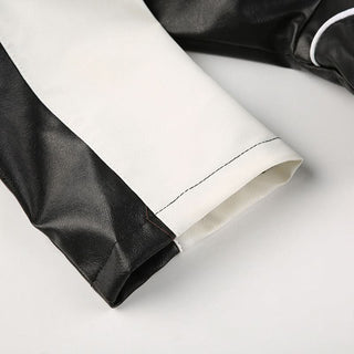 Long sleeve zip-up button PU leather high neck top