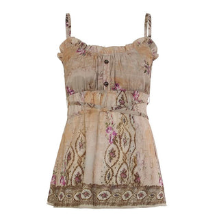 Ruched u neck ruffle print self tie cami top