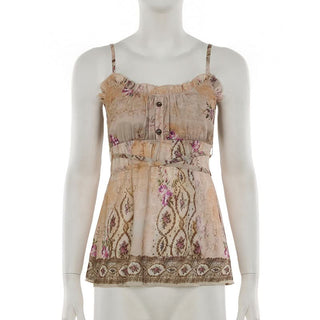 Ruched u neck ruffle print self tie cami top