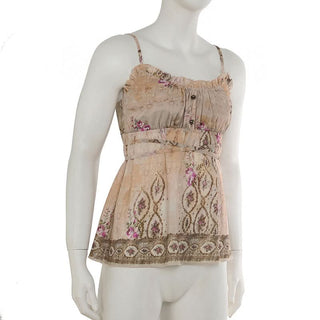 Ruched u neck ruffle print self tie cami top