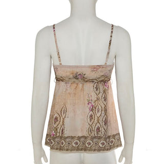 Ruched u neck ruffle print self tie cami top