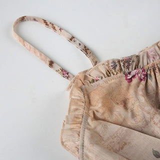 Ruched u neck ruffle print self tie cami top