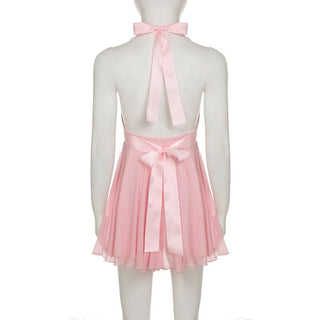 Bowknot halter lace hem deep V neck mesh mini dress