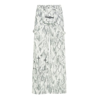 Button zip-up camouflage pocket straight leg pant