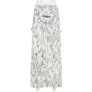 Button zip-up camouflage pocket straight leg pant
