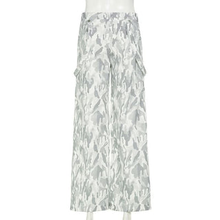Button zip-up camouflage pocket straight leg pant