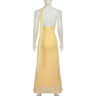 Irregular mesh halter flower pattern maxi dress