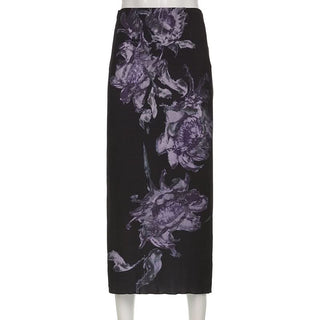 Zip-up slit ribbed flower print contrast midi dress