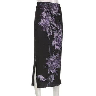 Zip-up slit ribbed flower print contrast midi dress