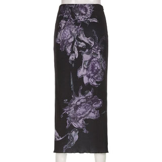 Zip-up slit ribbed flower print contrast midi dress