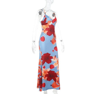 Cross back flower print self tie cami maxi dress