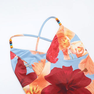 Cross back flower print self tie cami maxi dress