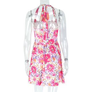 Halter flower print ruched mini dress