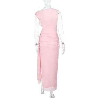 Off shoulder mesh slit ruched maxi dress