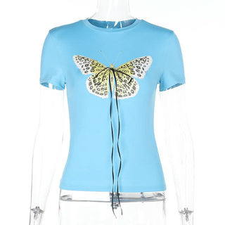 Crewneck short sleeve butterfly print top