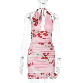 Halter v neck flower print ruched mini dress
