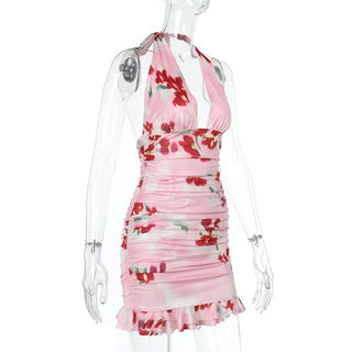 Halter v neck flower print ruched mini dress