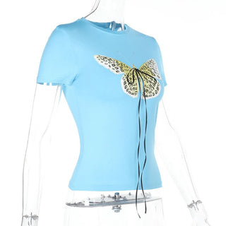 Crewneck short sleeve butterfly print top