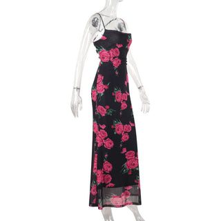 Flower print cross back mesh cami maxi dress