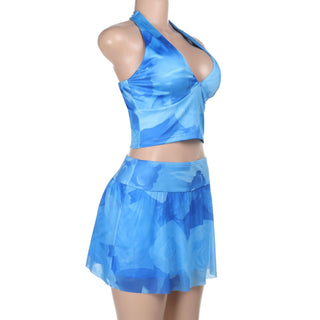 Halter v neck flower print mini skirt set