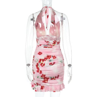 Halter v neck flower print ruched mini dress