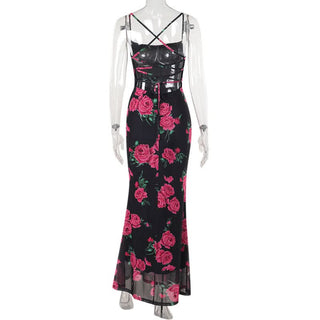 Flower print cross back mesh cami maxi dress