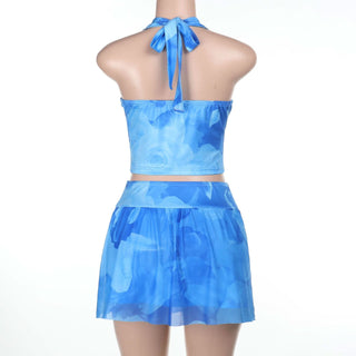 Halter v neck flower print mini skirt set