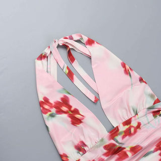 Halter v neck flower print ruched mini dress