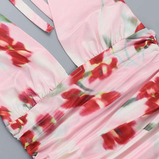 Halter v neck flower print ruched mini dress