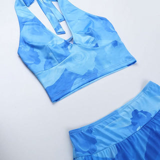 Halter v neck flower print mini skirt set