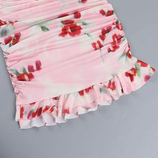 Halter v neck flower print ruched mini dress