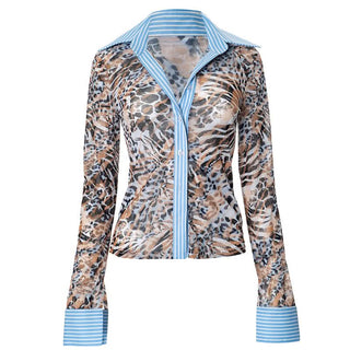 Turnover collar leopard print mesh button top