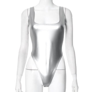 Metallic square neck backless bodysuit