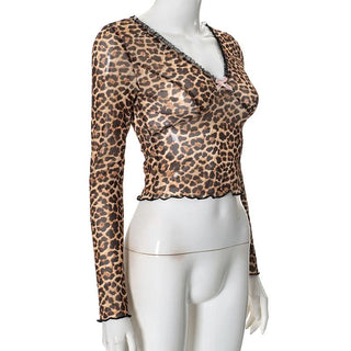 Leopard print v neck bowknot long sleeve top