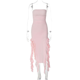 Irregular solid ruffle tube midi dress