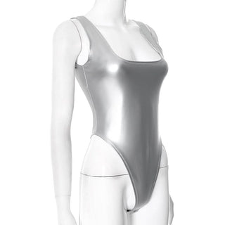 Metallic square neck backless bodysuit