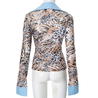 Turnover collar leopard print mesh button top