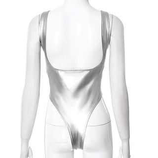 Metallic square neck backless bodysuit