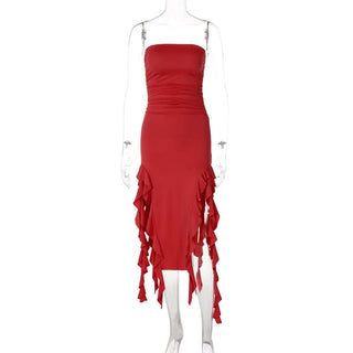 Irregular solid ruffle tube midi dress