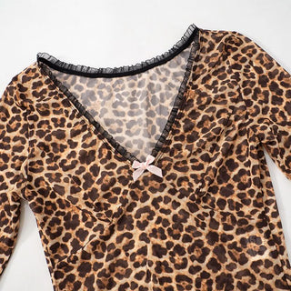 Leopard print v neck bowknot long sleeve top