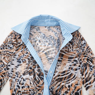 Turnover collar leopard print mesh button top