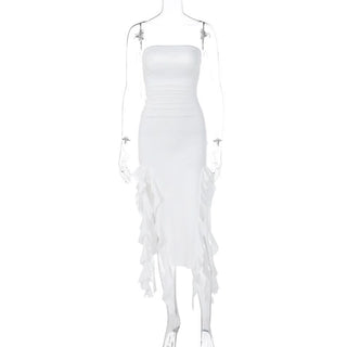 Irregular solid ruffle tube midi dress