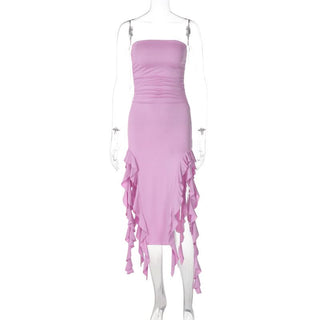 Irregular solid ruffle tube midi dress