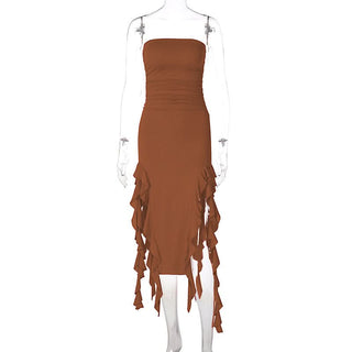 Irregular solid ruffle tube midi dress