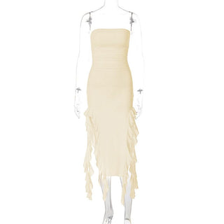 Irregular solid ruffle tube midi dress