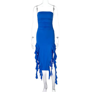 Irregular solid ruffle tube midi dress