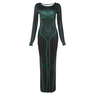 Long sleeve crewneck body print maxi dress