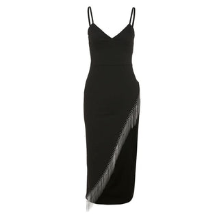 Beaded v neck irregular slit cami midi dress